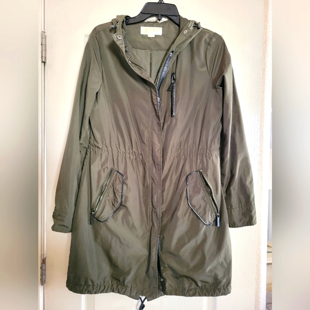 Michael Kors Olive Army Green Rain Coat with Black Leather Trim - Picture 1 of 4